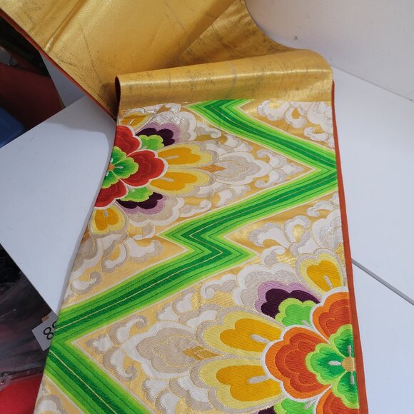 Japanese Hand Embroidered Silk Obi With Orange Silk backing - Picture 1 of 4